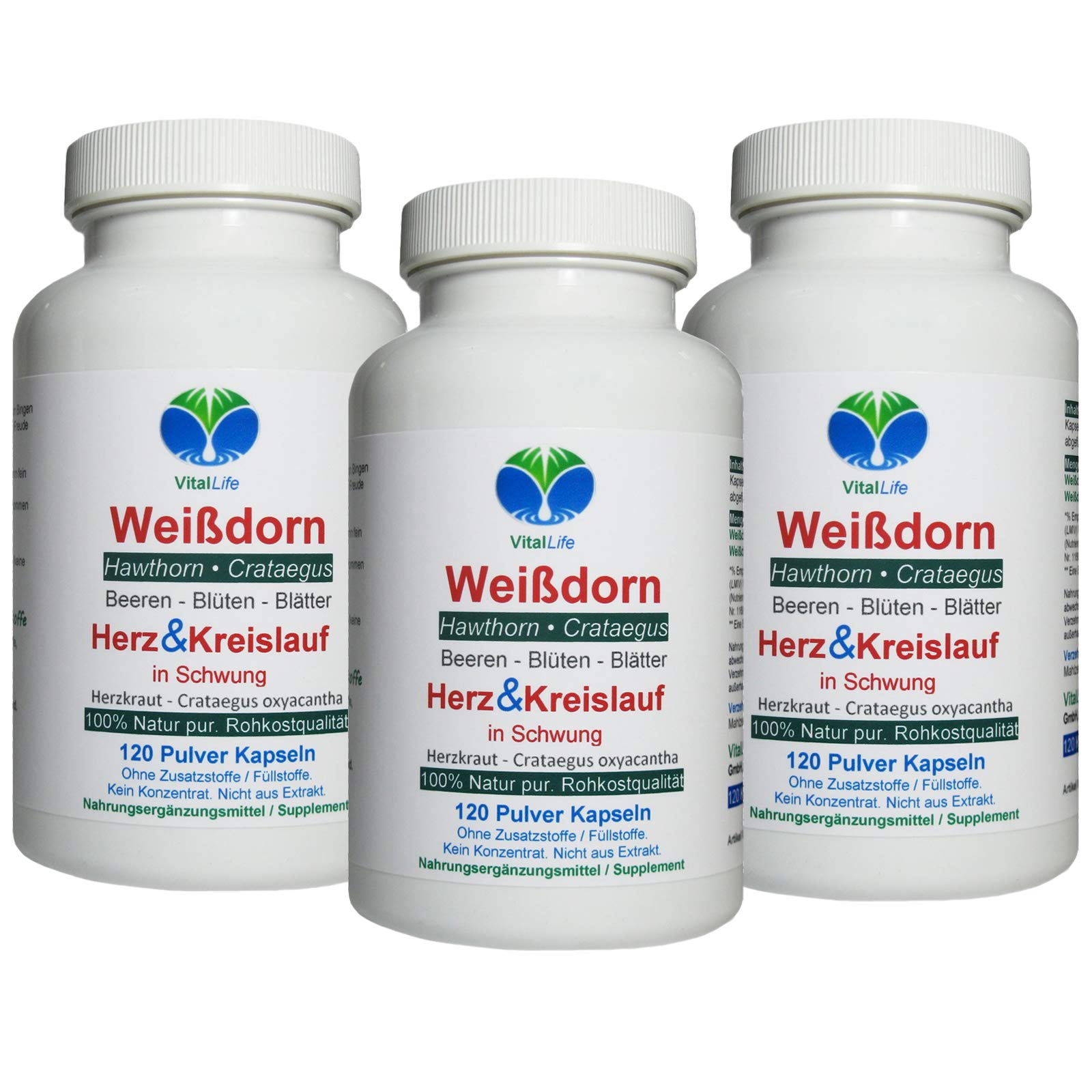 WEISSDORN Weißdorn HERZ-KREISLAUF 360 Kapseln 3x120 "HERZKRAUT" NATUR pur Weißdornbeeren & Weißdornblätter & Weißdornblüten. OHNE ZUSATZSTOFFE. 27100-3