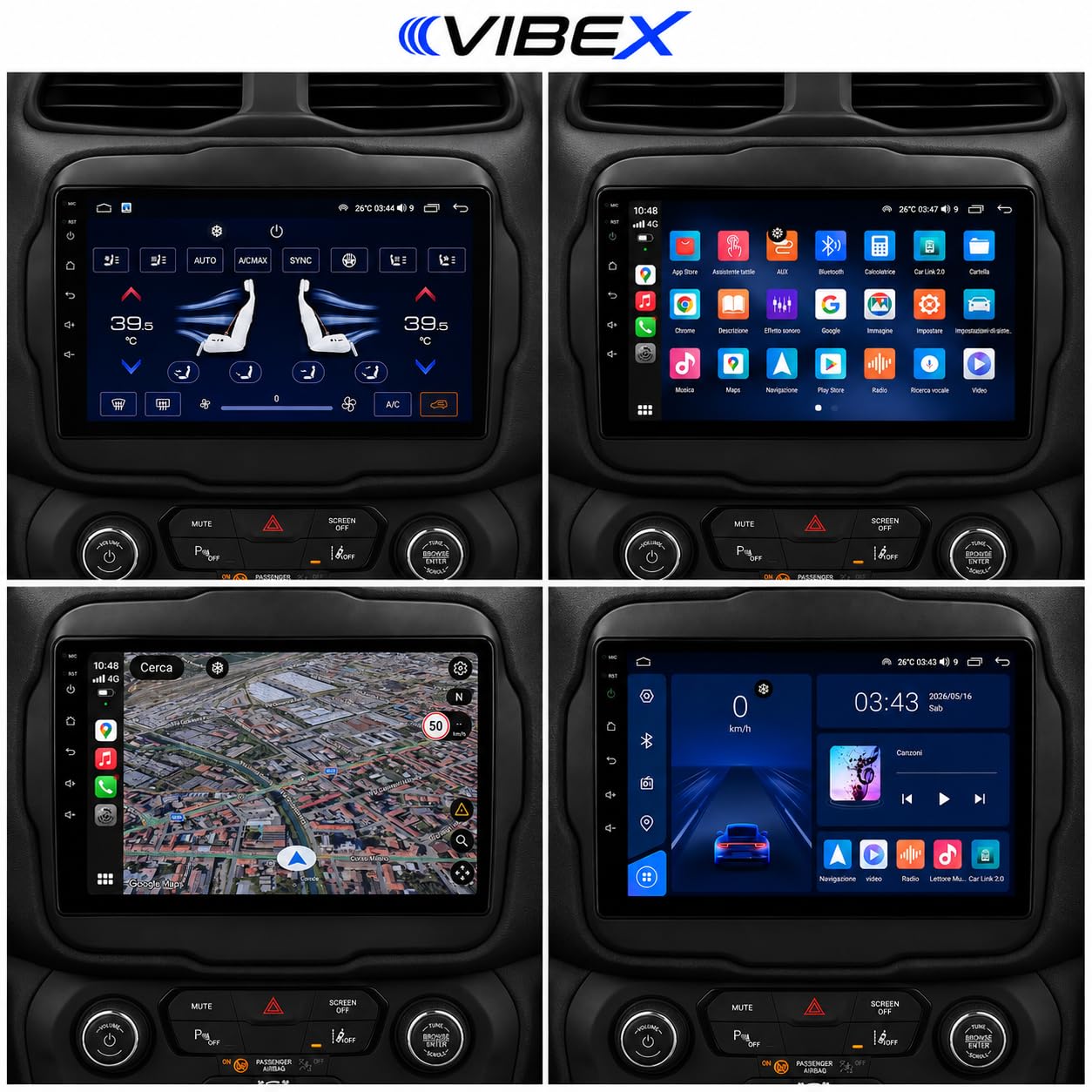 VIBEX Autoradio 9" Android per Jeep Renegade 2014 2015 2016 2017 2018 2019 2020, Wireless Apple CarPlay Android Auto, Navigazione GPS, Bluetooth, WiFi, Schermo Touchscreen, Supporto Retrocamera