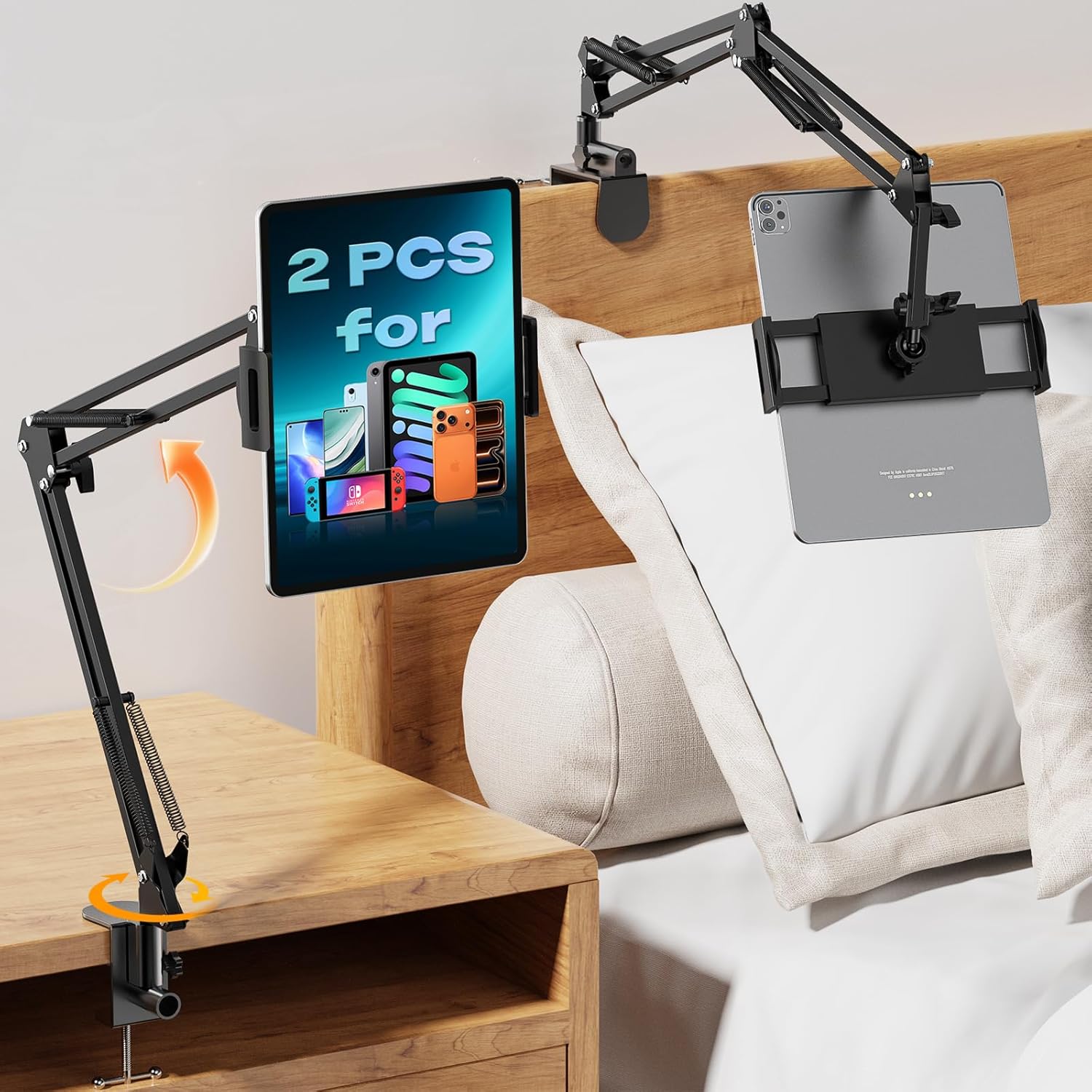 2 Pack Gooseneck Phone Holder for Bed Flexible Long Arm Phone Mount for Desk Upgraded Metal Stable Clip Bed Phone Holder for iPhone iPad mini 7 Kindle Switch All 4.7-13” Devices,Black