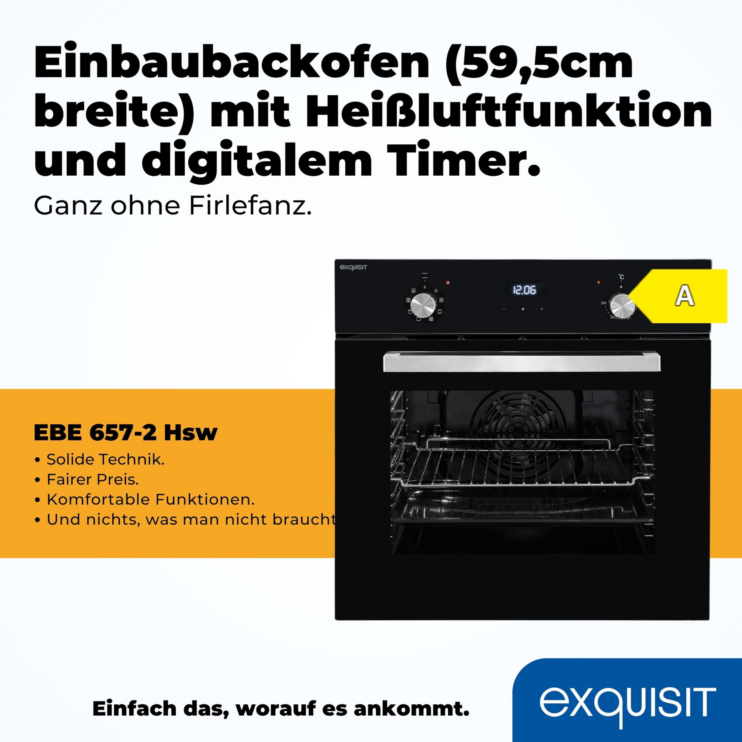 Exquisit Piekarnik do zabudowy EBE 657-2H SW | piekarnik do zabudowy | pojemność 59 l | stal nierdzewna, czarny