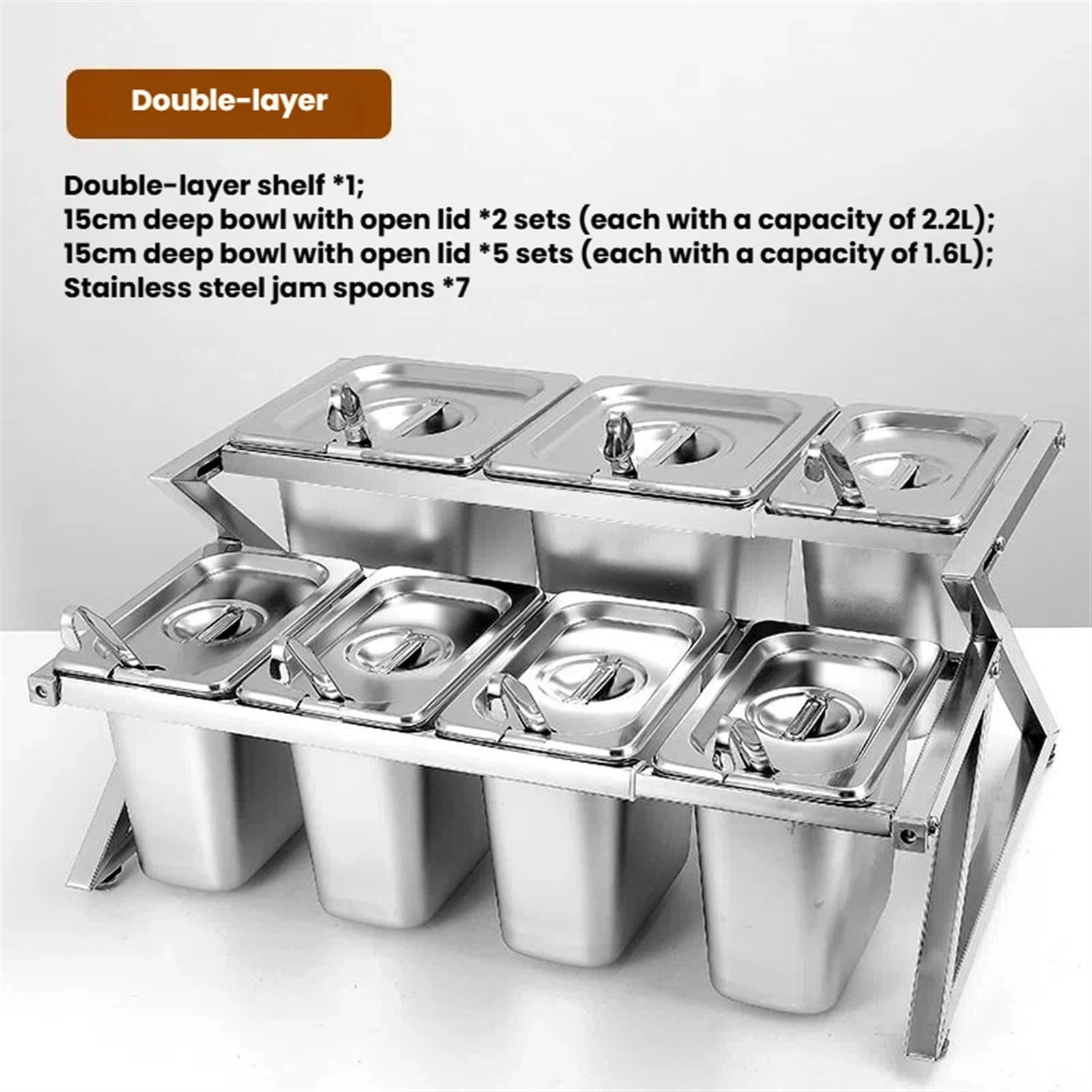 Set di contenitori per condimenti regolabili in acciaio inox con coperchi e cucchiai, perfetti per cucina, buffet, servire cibo e uso domestico, soluzione elegante per riporre oggetti