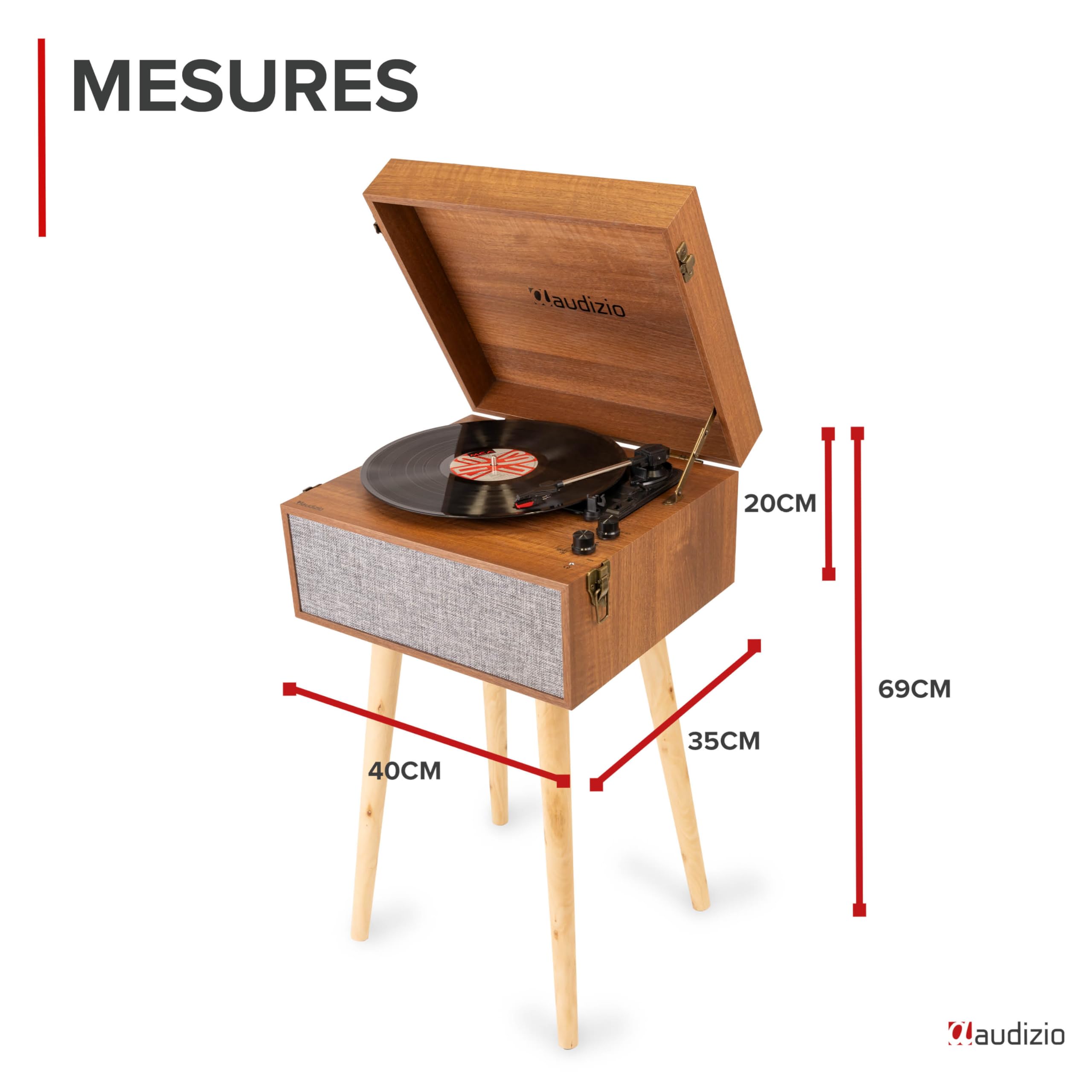 Audizio Fremont Platine Vinyle Meuble Bluetooth, Design Rétro sur Pieds - Noyer, Haut-Parleurs Stéréo, Convient aux Disques 33, 45 et 78 Tours, Idéal pour Décorer Votre Intérieur