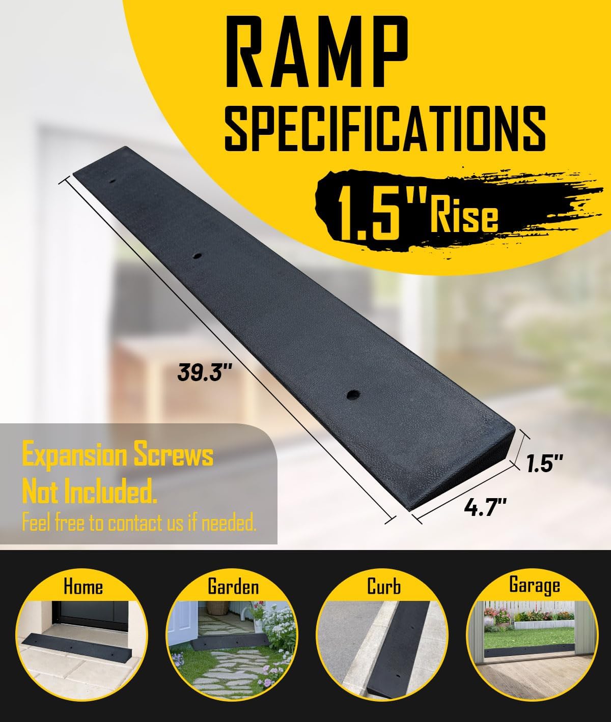 1.5'' Rise Rubber Threshold Ramp - 2204 LBS Capacity, Non-Slip, Cuttable & Adjustable - Handicap Ramp for Wheelchair Scooter Stroller - Driveway Curb Ramps for Doorways 1.5 Rise (39.3x4.7)
