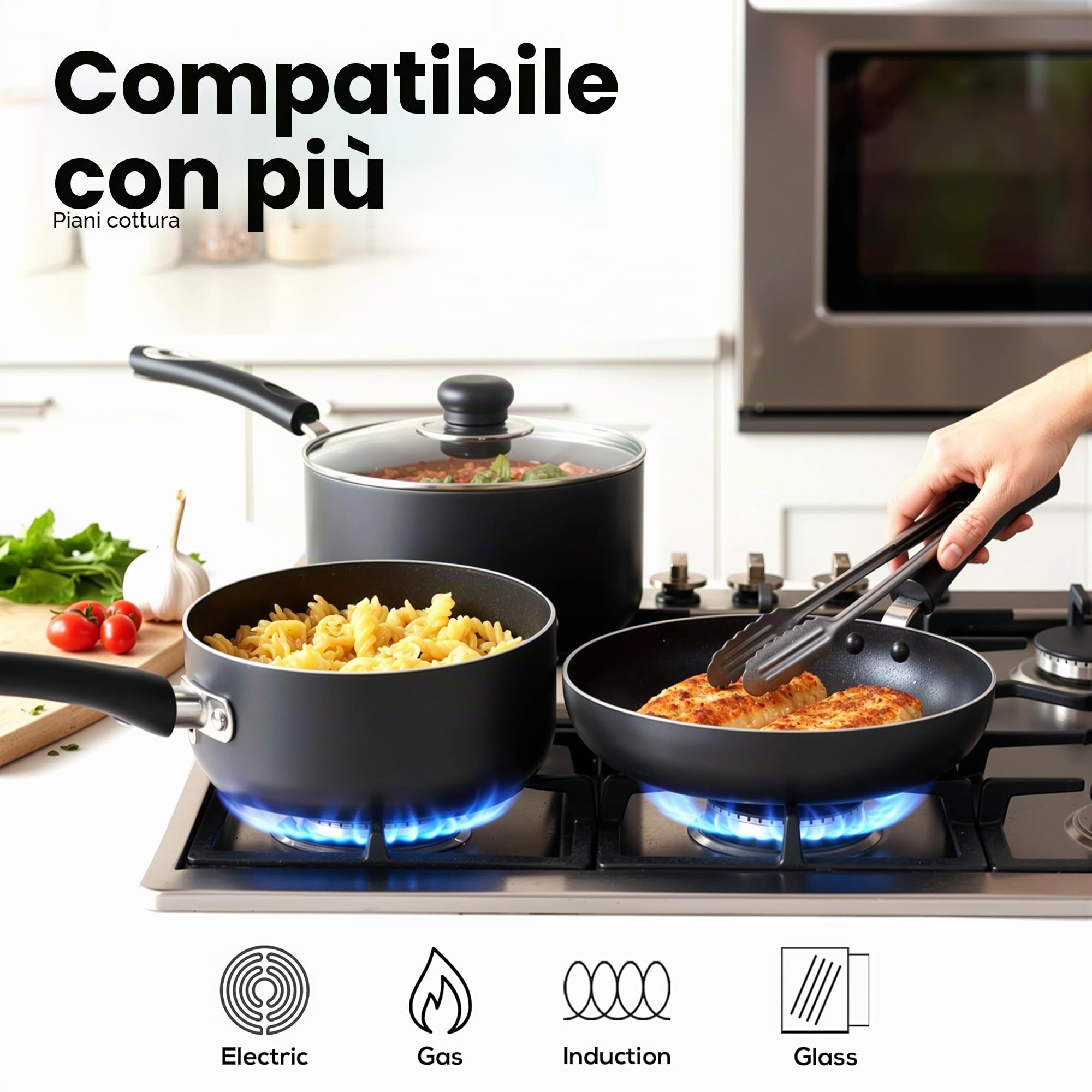 KICHLY Set di pentole e padelle antiaderenti, 5 pezzi, padelle a induzione da 20 cm, 28 cm, casseruola con coperchi 20 cm, 18 cm, casseruola non a induzione da 16 cm, set di pentole lavabili in