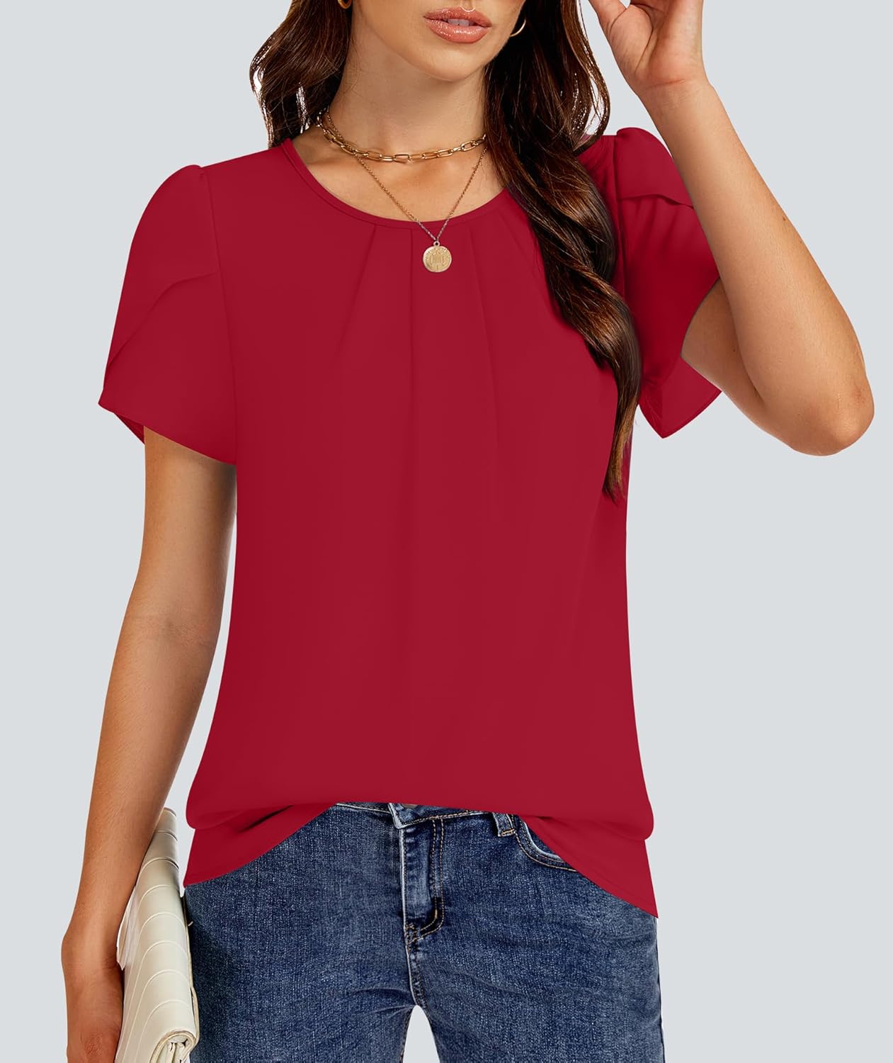 FUNLINGO Womens Tops Dressy Casual Summer Tunic Chiffon Blouse Pleated Front Crew Neck Shirts Loose Fit Business Flowy Top - Image 2