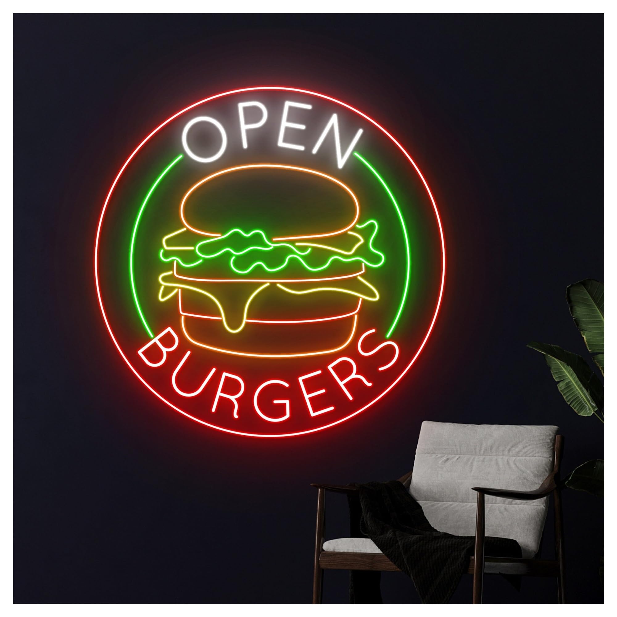 Wiszące neony artystyczne Neon Z Napisem „Otwarty Burger”, Dekoracja Ścienna Do Restauracji Typu Fast Food 58cm