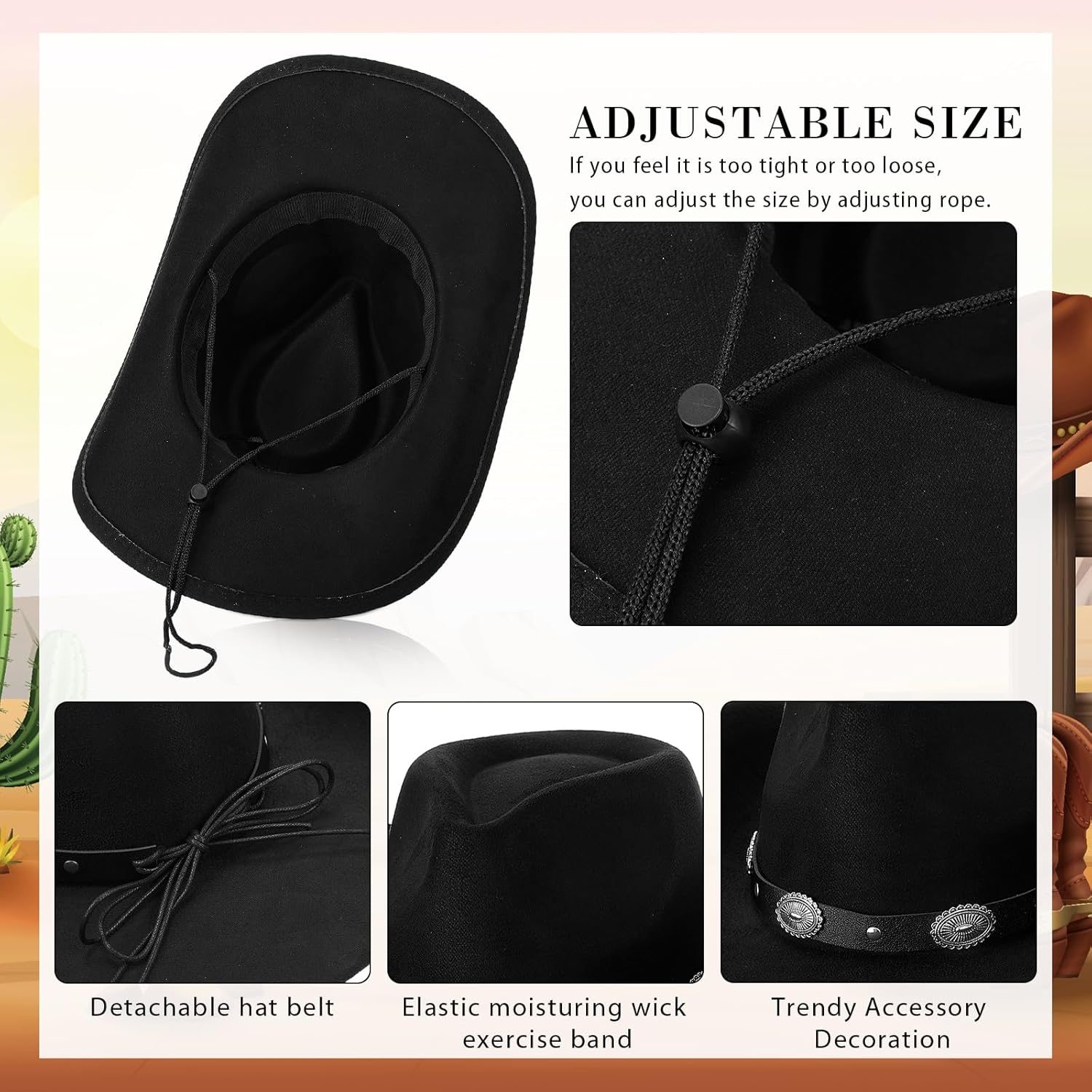 5 Pcs Classic Western Jewelry Set Cowboy Hat Western Belt Suede Hat Vintage Necklace Pendant Earrings Bracelet - Image 4