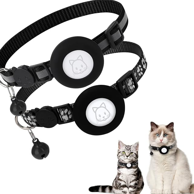 2Pack Airtag Cat Collars, Reflective Air Tag Cat Collar with Breakaway Safety Buckle and Bell, Adjustable Cat Collar with Airtag Holder Compatible with Apple Airtag for Small Pets
