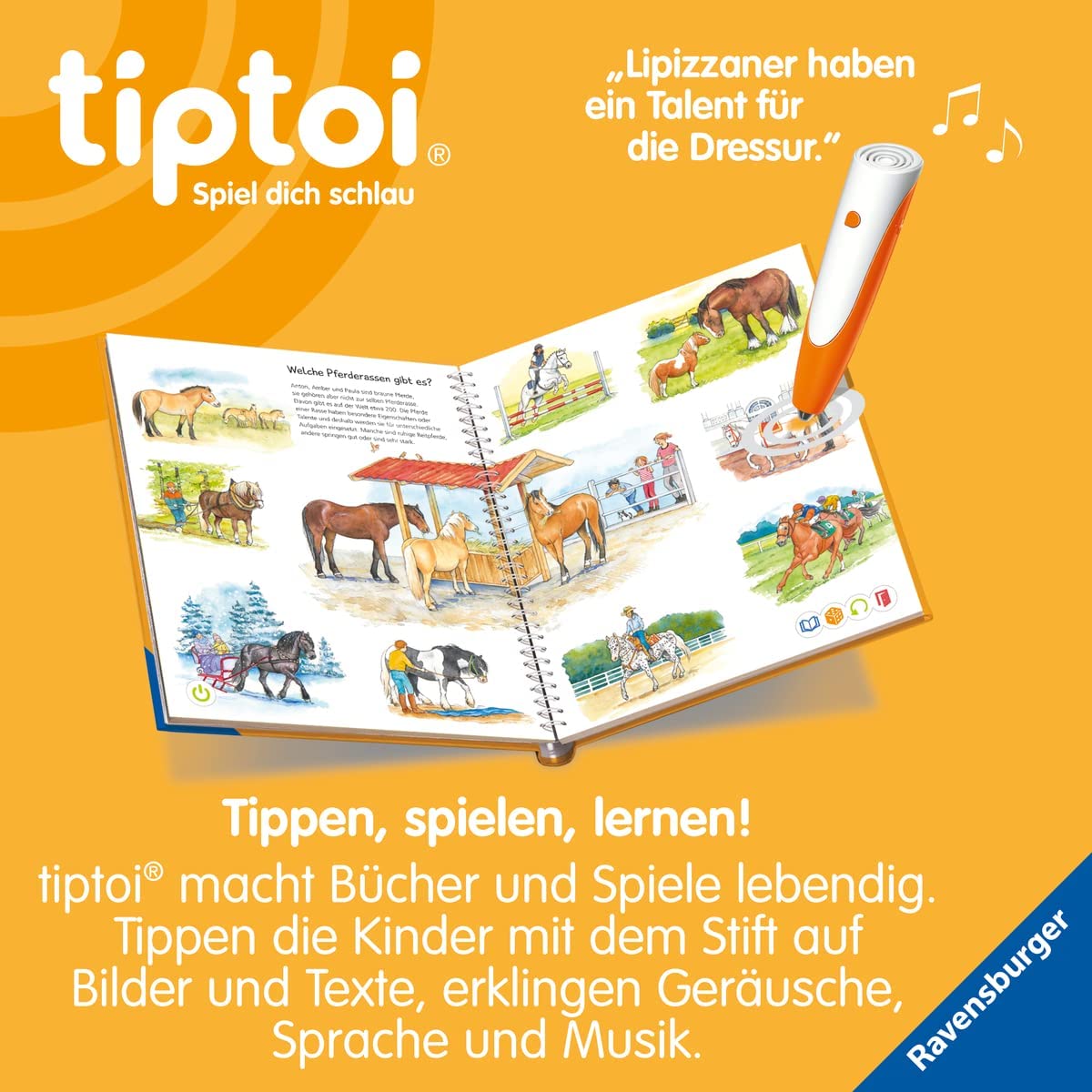 tiptoi Zestaw Ravensburger : Dlaczego? Dlaczego? Odkrywamy konie i kucyki (książka dla dzieci) + długopis 00110, zabawka edukacyjna dla dzieci