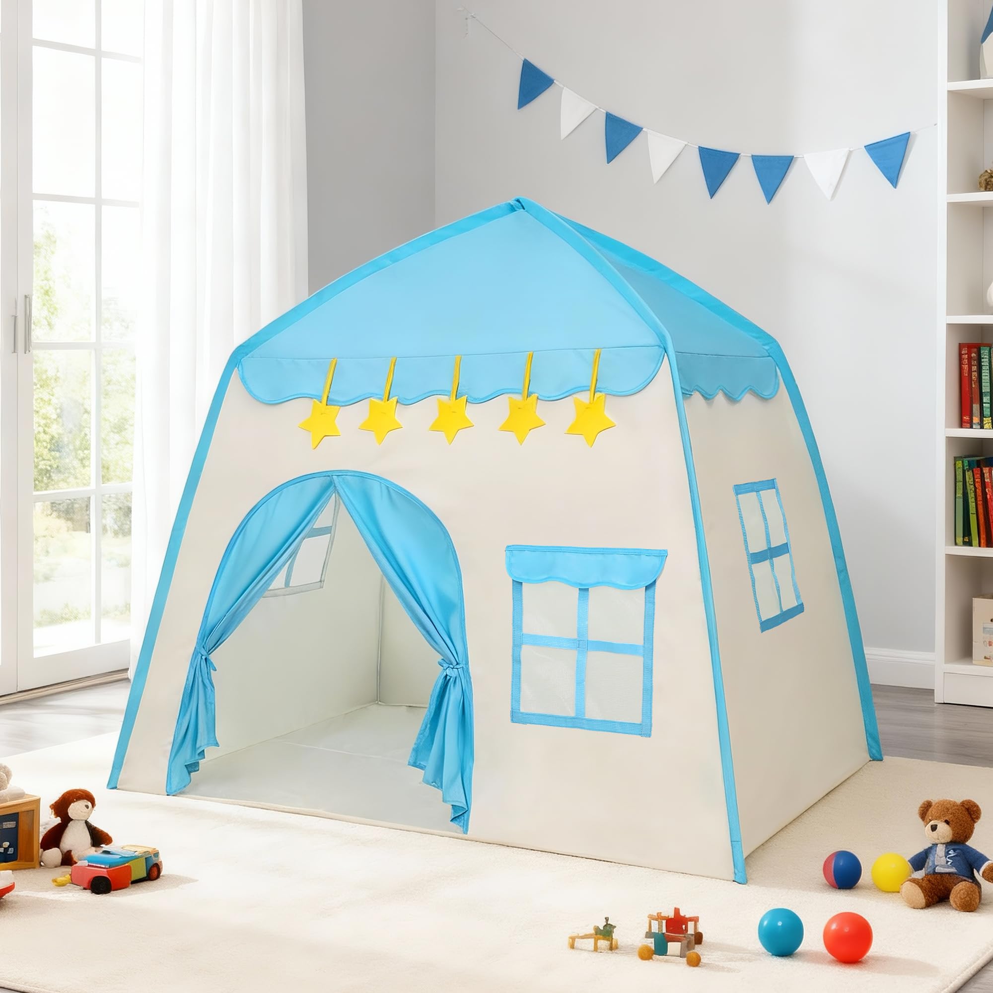 LimitlessFunN Flower Kids Play Tent, Children Indoor Castle Playhouse for Boys, Toddlers, 39" D x 51" W x 51" H, Blue