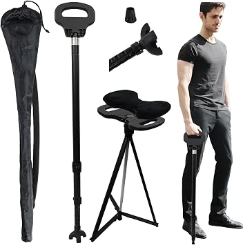 Folding Walking Cane with seat for Men & Women, 2-in-1 Adjustable Portable Cane Chair with Cushion for Seniors & Adults, Walking Stick with Seat with Carry Bag for Hiking Traveling