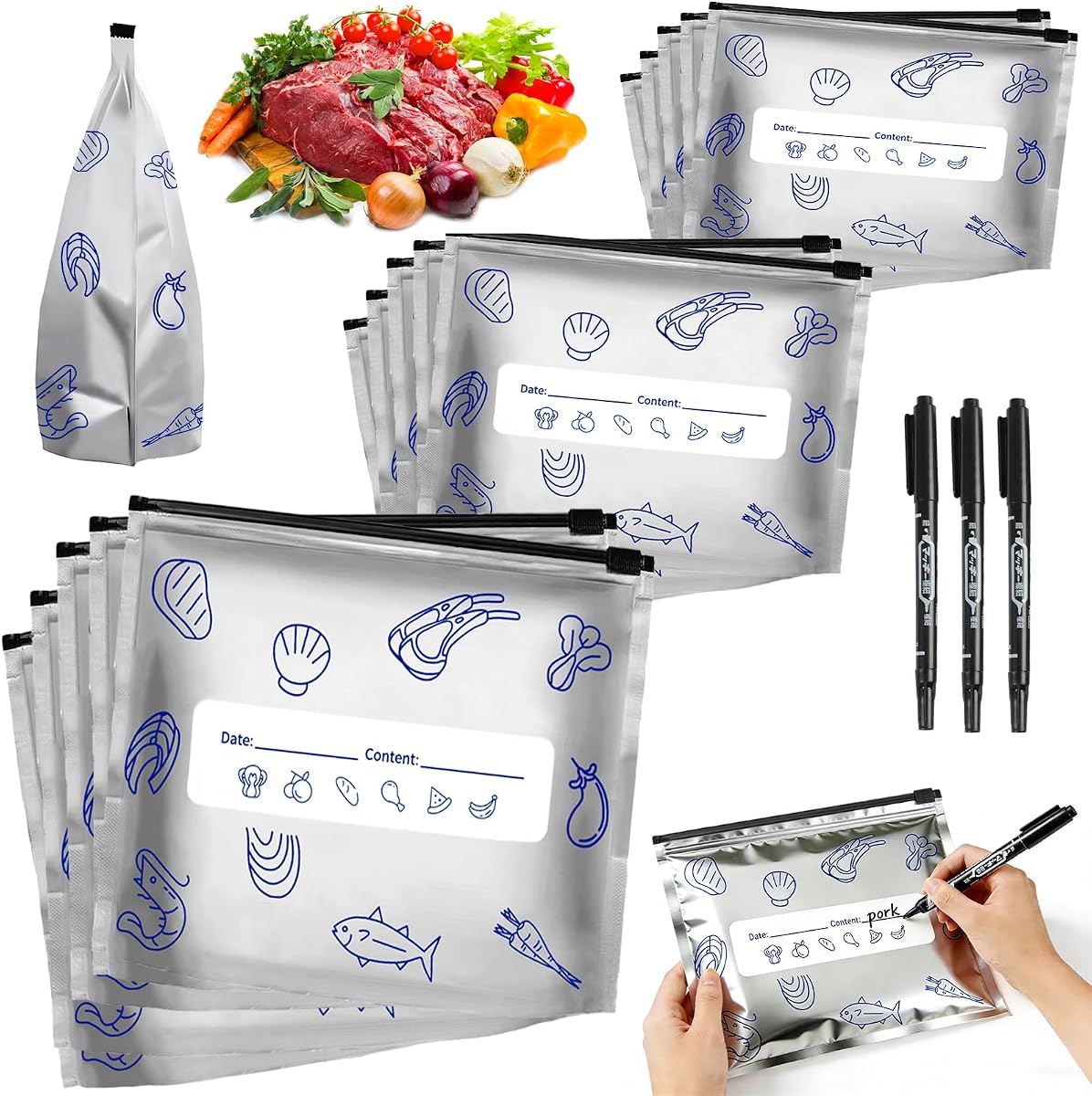 (30 unidades, 3 tamaños) Bolsas de almacenamiento reutilizables de papel de aluminio sellables, bolsas resellables con cremallera al vacío para alimentos, bolsas sellables de papel de aluminio con etiqueta y cierre de cremallera para carne de frutas vegetales