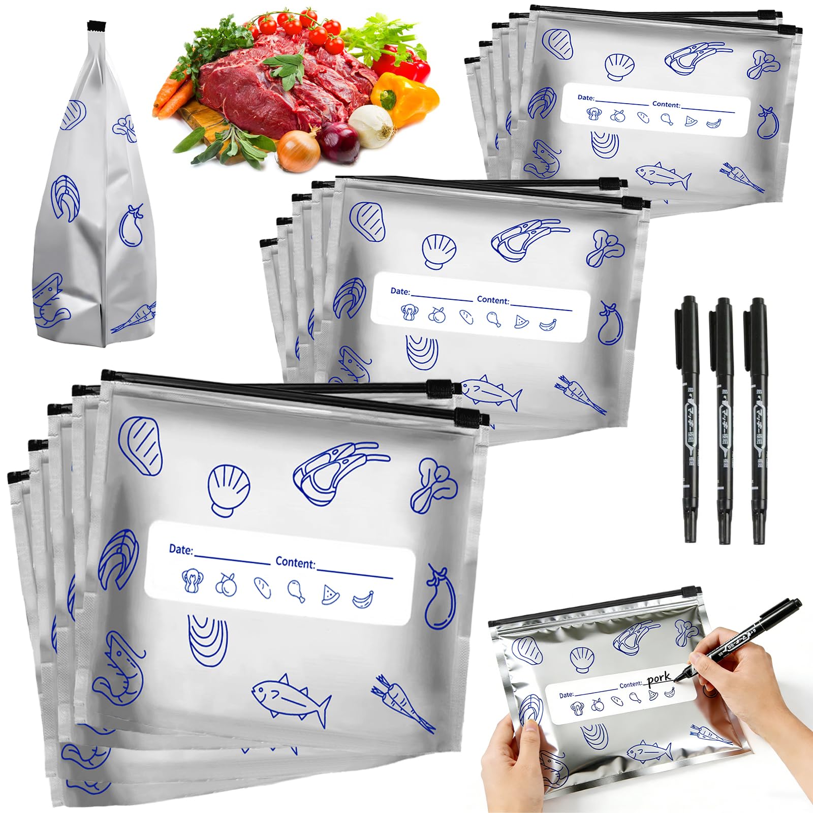 Photo 1 of (30PCS, 3 Size) Reusable Aluminum Foil Sealable Storage Bags,Resealable Vacuum Zipper Pouches for Food, Stand Up Foil Sealable Bags with Label and Zip Lock for Vegetable Fruit Meat