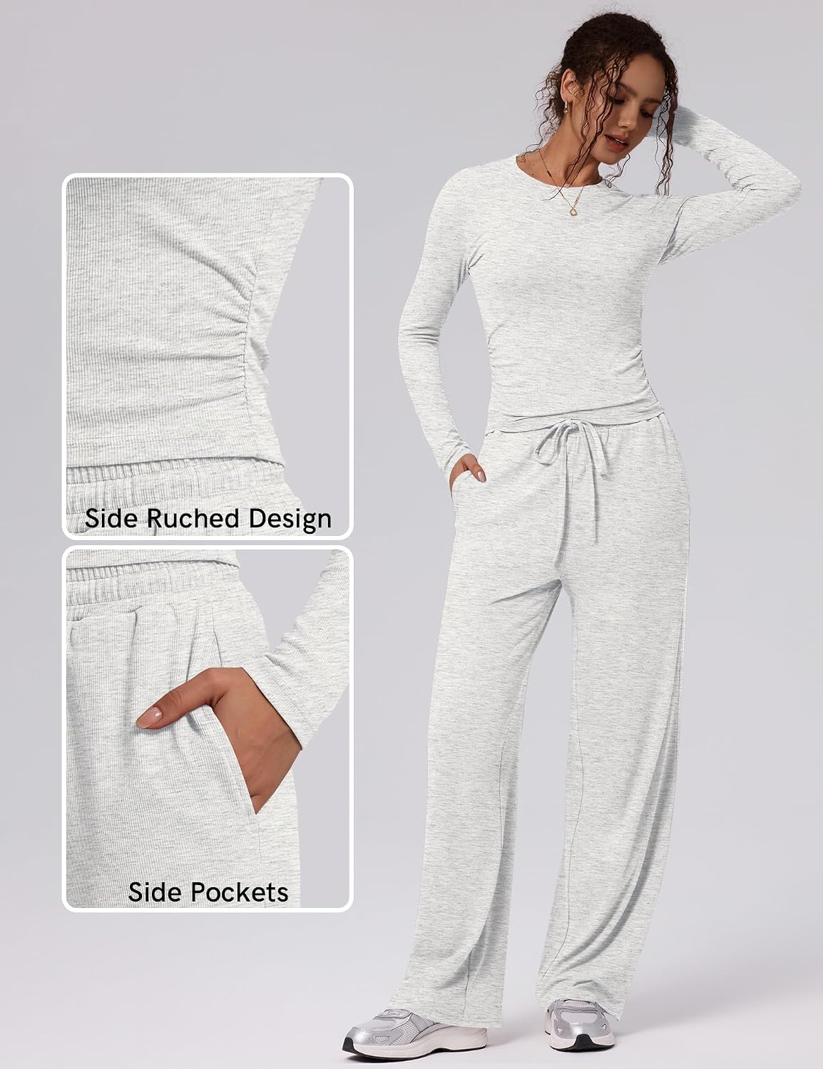LOMON Women's 2 Piece Wide Leg Pants Matching Lounge Set Long Sleeve Top image 4