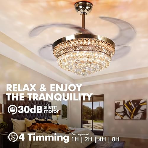 Miniatura 5 de Ventilador de techo retráctil de 42 pulgadas con control remoto, accesorios de acabado dorado francés, ventiladores de araña de cristal de lujo de