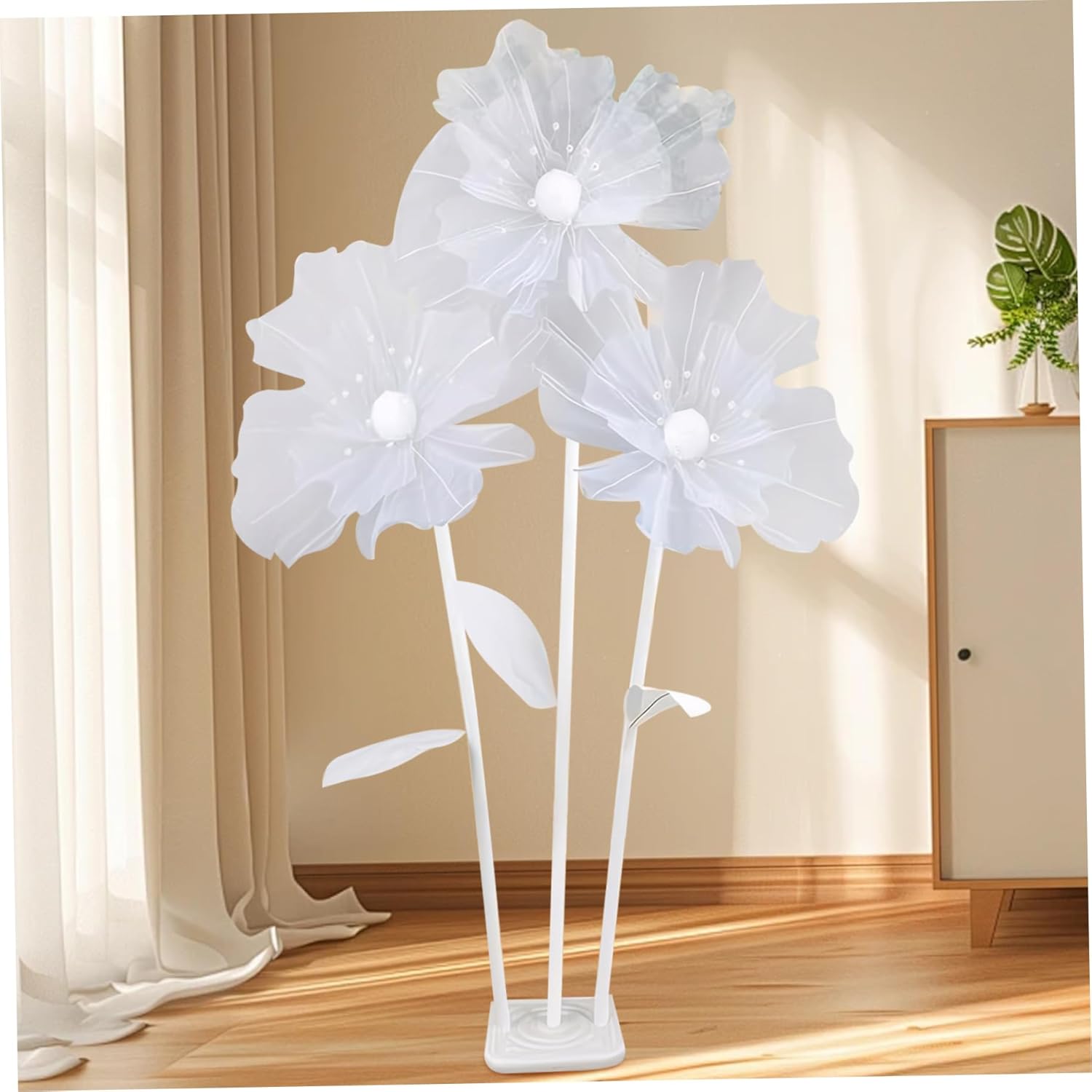Naisicore Giant Flower Decorations, 1 Set Large Gauze Flowers Wedding Decor with 3 Flower Heads & Stand, Wedding Party Banquet Background, Photographic Props, Shop Window Display (White), Standard