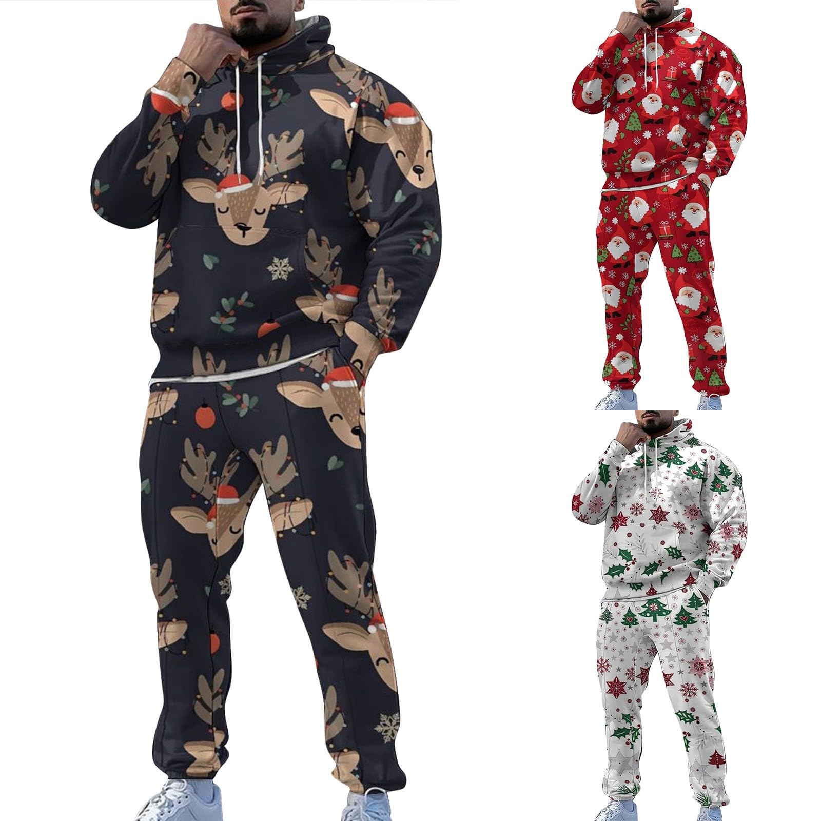 Conjunto de 2 piezas de Navidad para hombre, divertidos trajes de copo de nieve y renos, sudadera de manga larga con capucha y pantalones deportivos, conjuntos de correr, para vacaciones, deportes