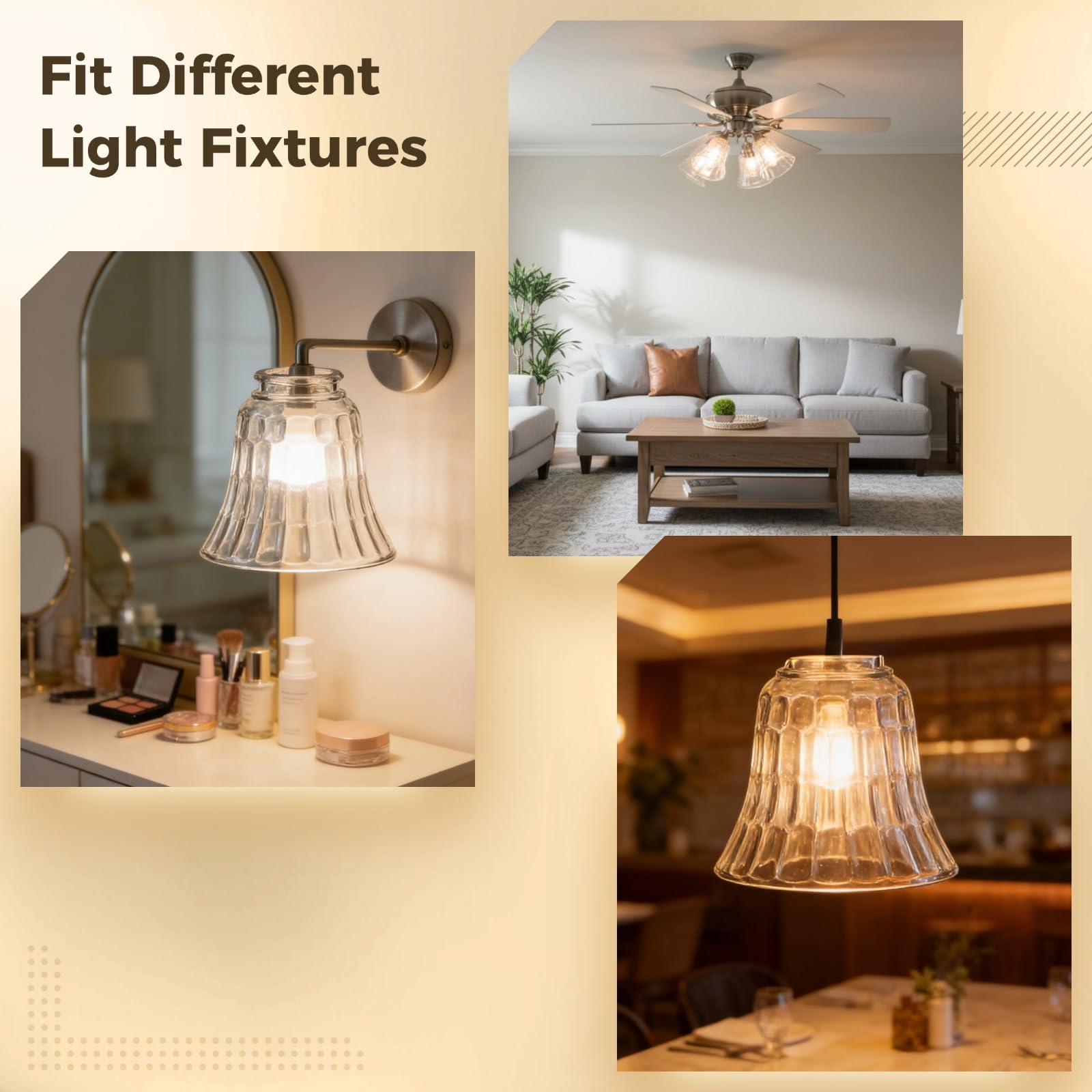 Skelang 4-Pack Hammered Glass Ceiling Fan Light Covers – Bell-Shaped Shades For Chandeliers, Wall Sconces & Pendant Lights