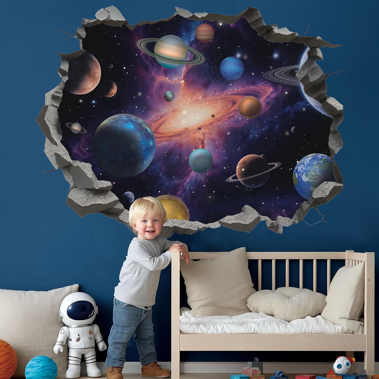 TOARTi Space Astronauts Wall Stickers,Purple 3D Planets Rockets Wall Art Decals for Boys Bedrooms,Solar System Mural Vinyl Removable Sticker for Nursery