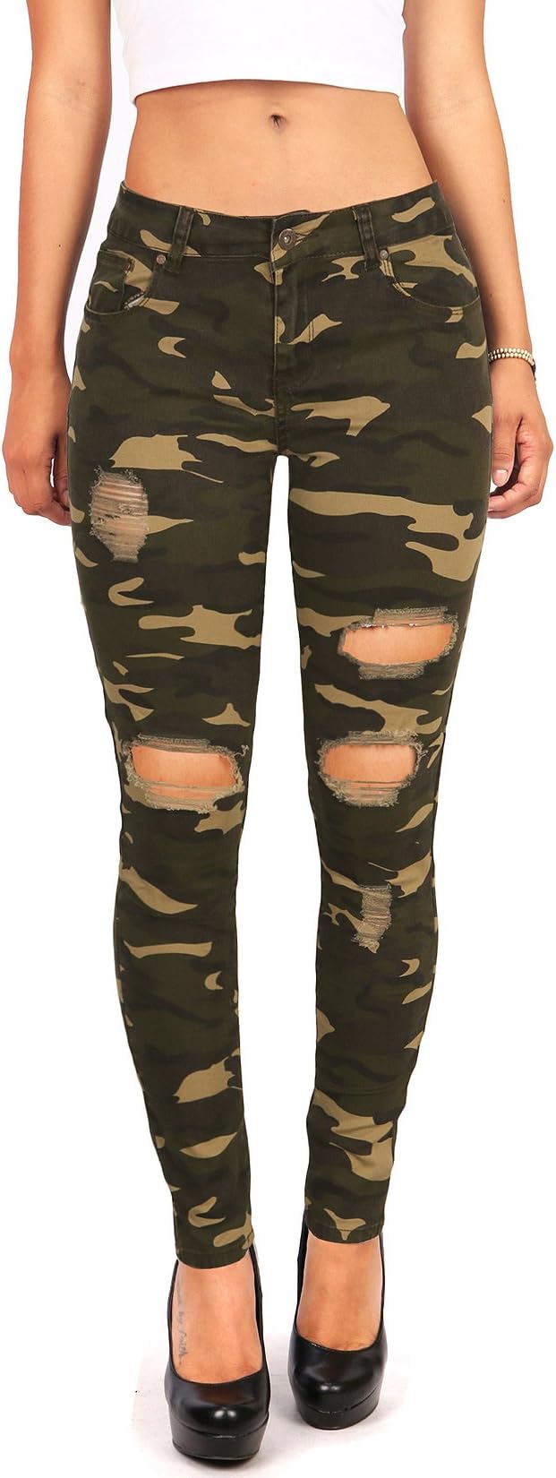 Monkey Ride Women's Mid-Rise Ripped Camo Print Jeans (5, Camoflouge)