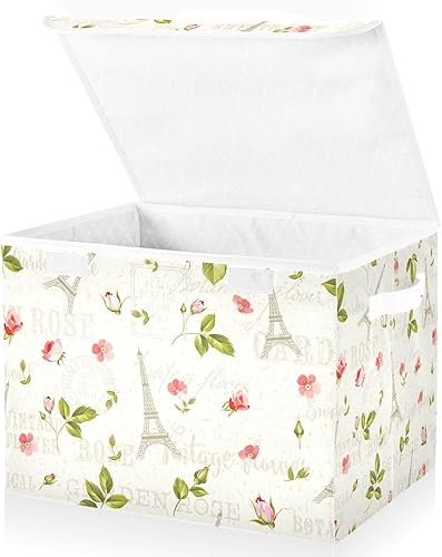 GEDAKO Contenedores de almacenamiento grandes de tela plegables con tapas de 16.5 x 12.6 x 11.8 pulgadas, Torre Eiffel de París, flores de rosa,