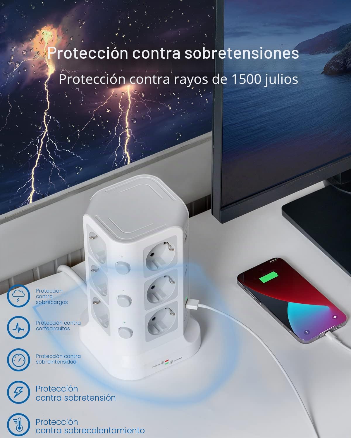 KOOSLA Regleta Vertical, 12 Enchufes, 6 USB, 5M, Blanco | 12 Enchufes, 6 USB, 4000W/16A, 3 Interruptores, Protección contra Sobretensión, Cable 5M