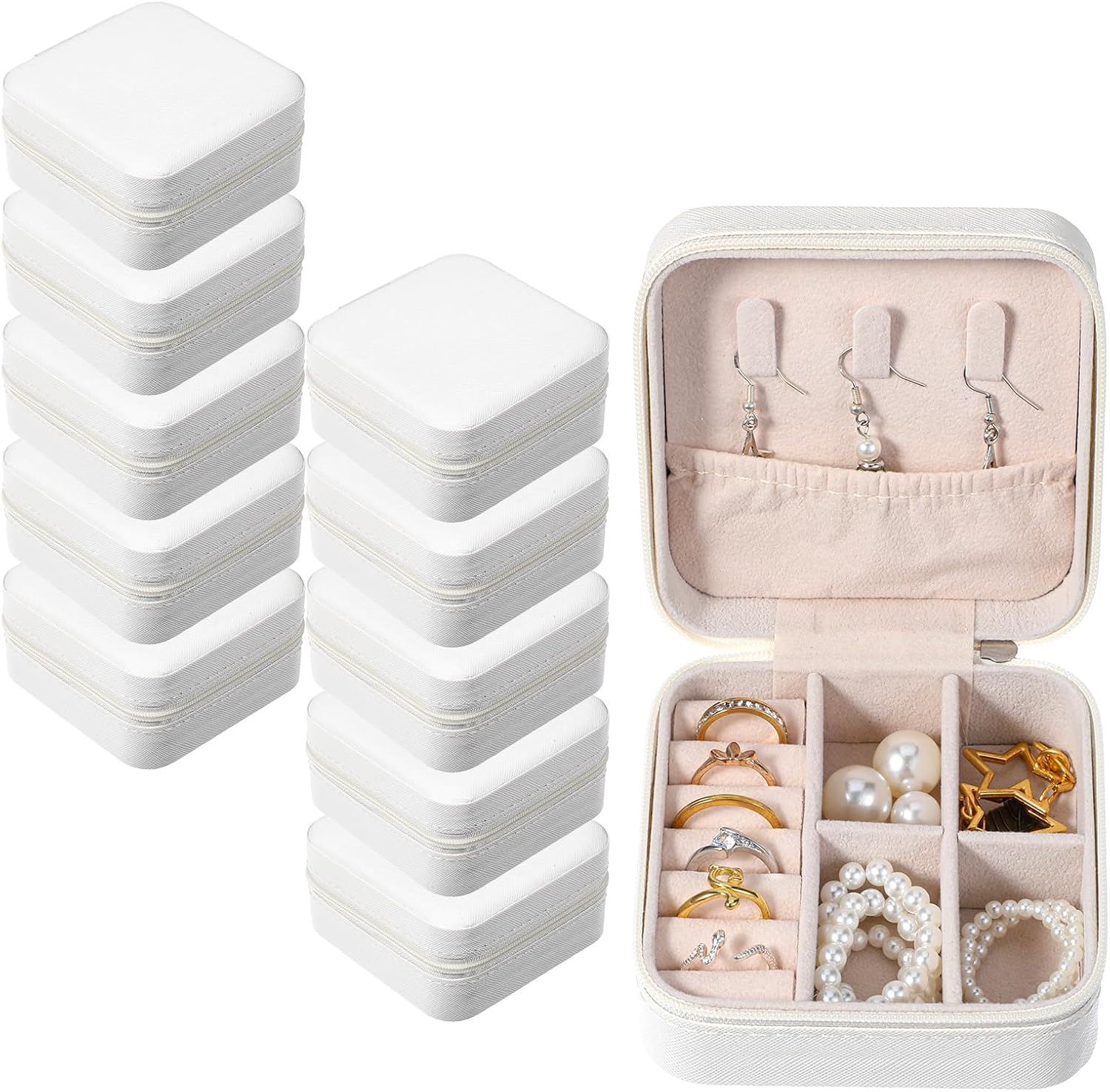 Kifmurase 10Pcs Travel Jewelry Case, Bridesmaid Gifts Box, Small PU Leather Earring Organizer, Jewelry Travel Organizer, Mini Storage Boxes for Women Bridesmaid Proposal Gifts (White)