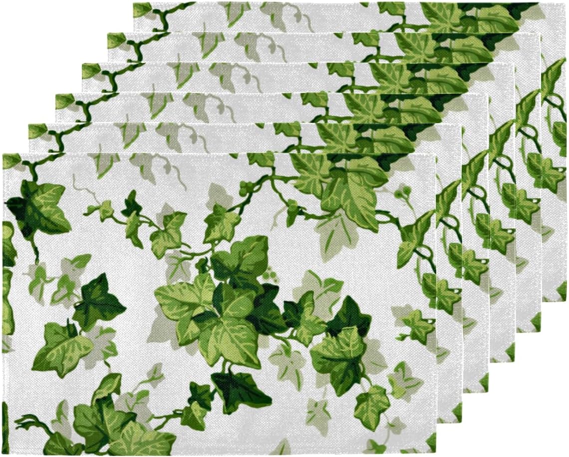 QsirBC Ivy Leaves Placemats Set of 6, Faux Linen Table Mats for Weddings Christmas Halloween Dinners, Reversible Double Layer Heat Resistant Tablemats Place Mats, 18x12 Inches
