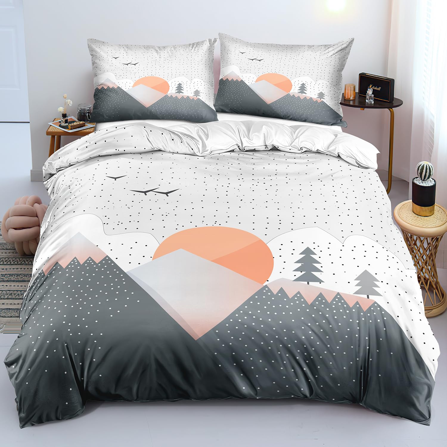 Housse de couette pois gris et blancs 240x220 parure de lit montagne