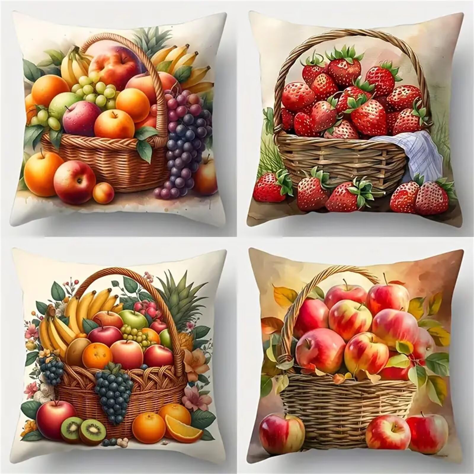 Fundas de Cojines Cesta de Frutas 60x60 cm Juego de 4 Modernas Cuadrada Funda de Almohada Decorativa Doble Cara Fundas Cojines para Sofá Cama Hogar Patio (Temporada de Cosecha)