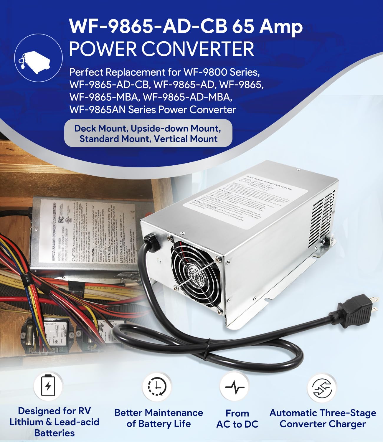 WF-9875 75 Amp RV Power Converter - Deck Mount Charger For Camper & Trailer