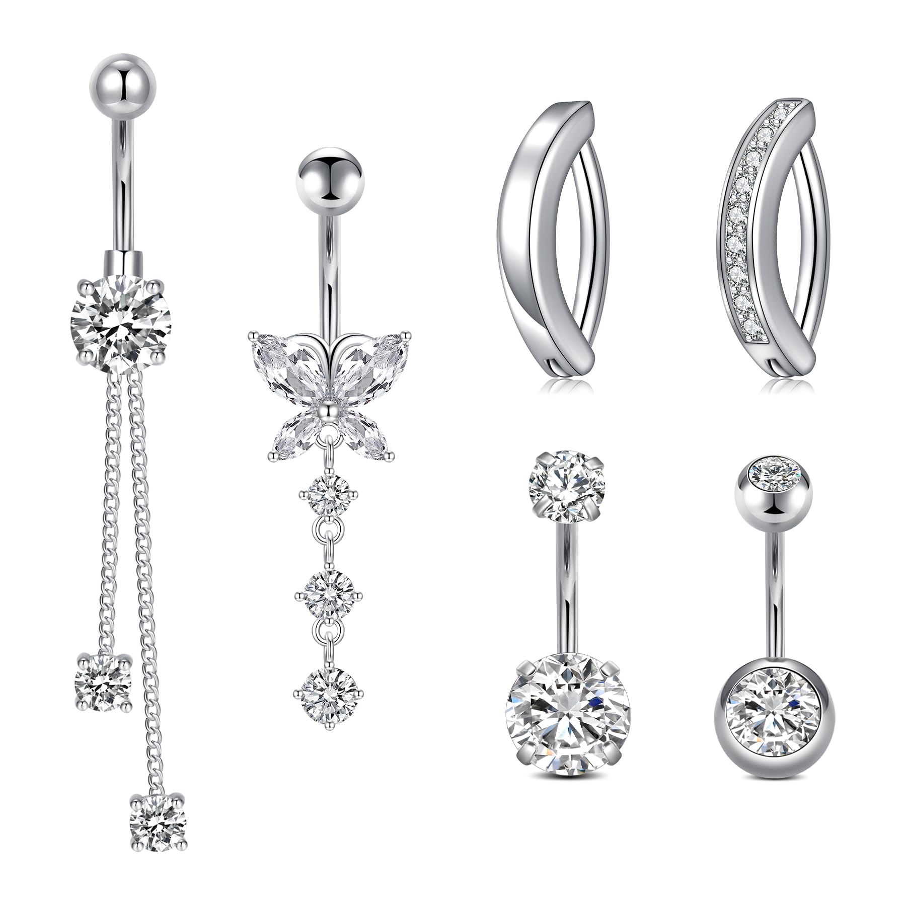 Incaton6PCS 14G Diamond Belly Button Rings, Dangle Belly Button Rings With Butterfly For Women, Cute Clicker Hoop Belly Button Rings, Navel Piercing Pack With Gift Velvet Pouch