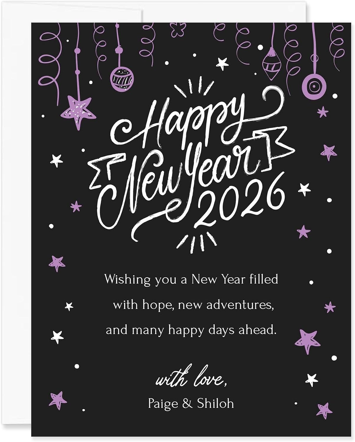 Personalized Happy New Year 2026 Notecards with Envelopes, Flat A2 4.25 x 5.5 Holiday Greeting Cards (Purple)