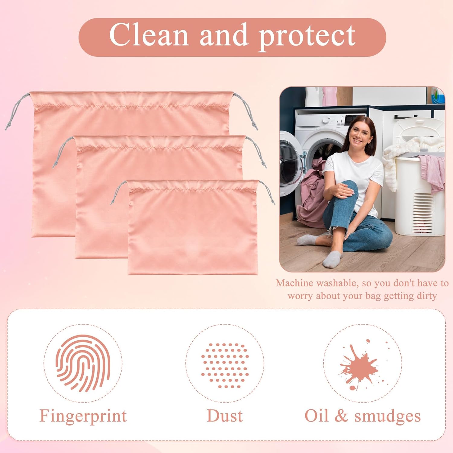 12 Pack Dust Bags for Purses and Handbags - 3 Size Premium Polyester Purse Dust Bags for Storage with Drawstring, Pink Protective Covers for Luxury Bag Shoes Boots Travel Organization - Image 5