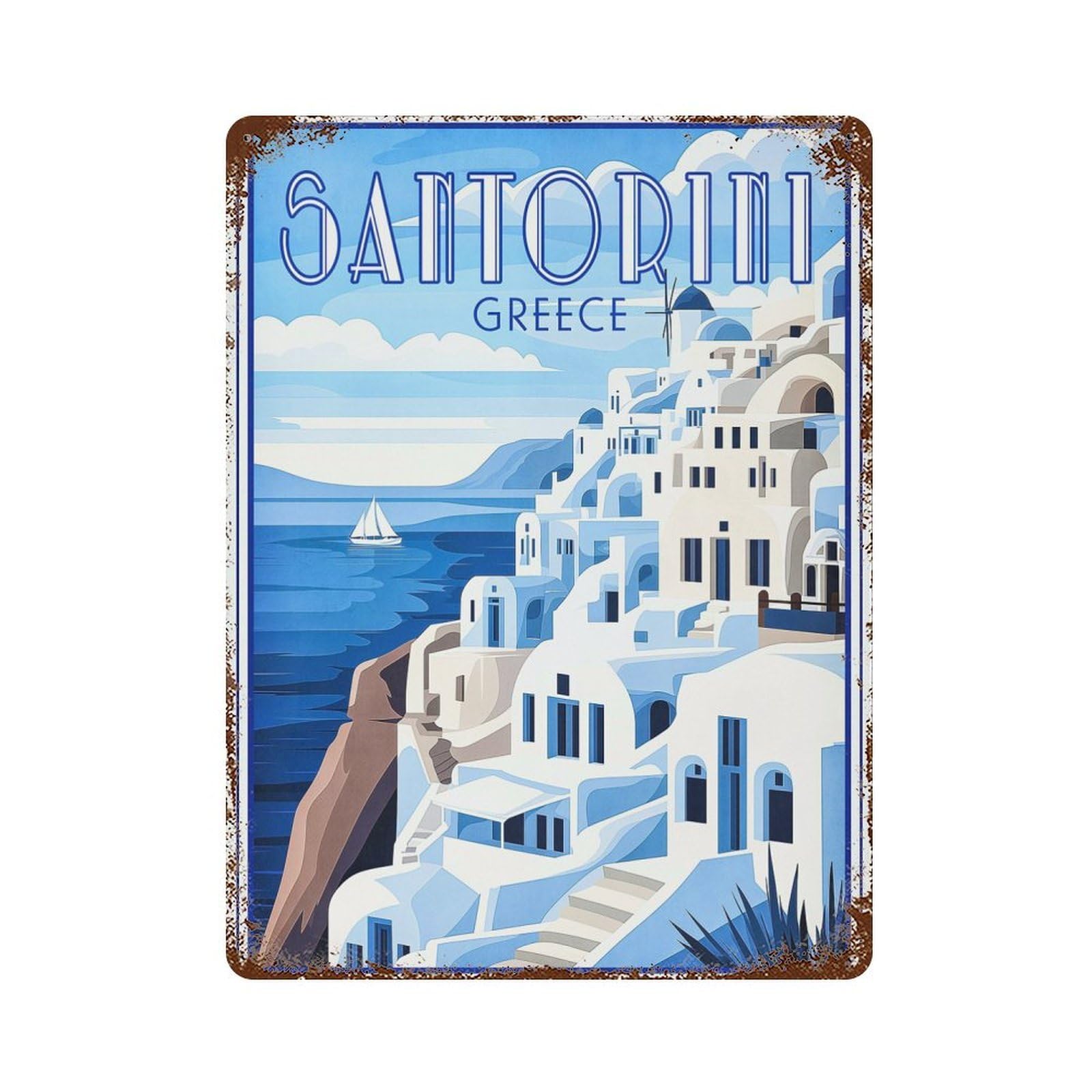 Weathered Tin Sign Santorini Greece Retro Poster 15.7"x11.8", Rustic Home Decor for Basement, Hobby Room And Garage Decor