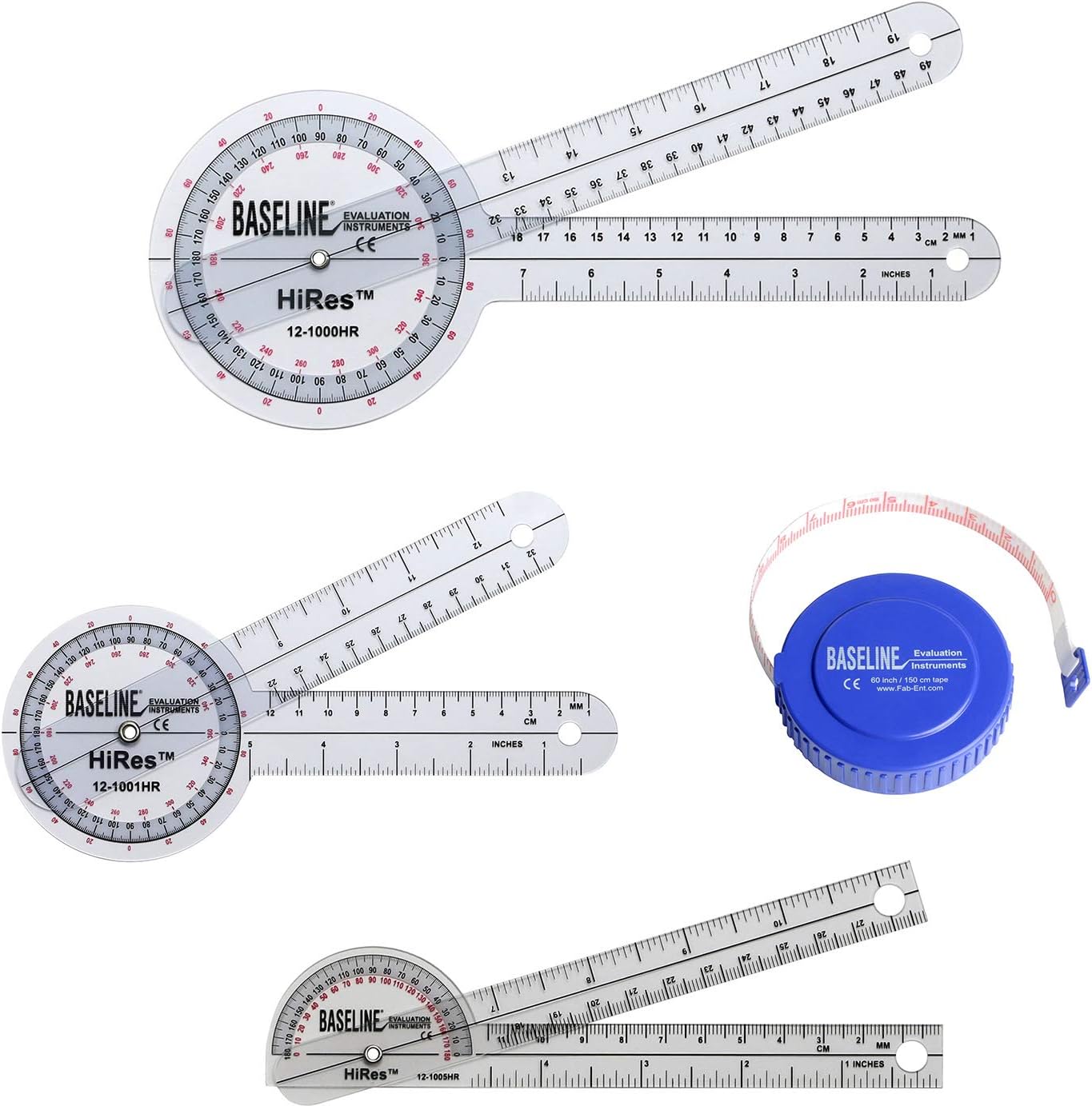 Baseline Hi-Res Measuring Set (1 ea: 8", 12" 360 Goniometer, 6" Pocket Goniometer, 60" Tape), Clear
