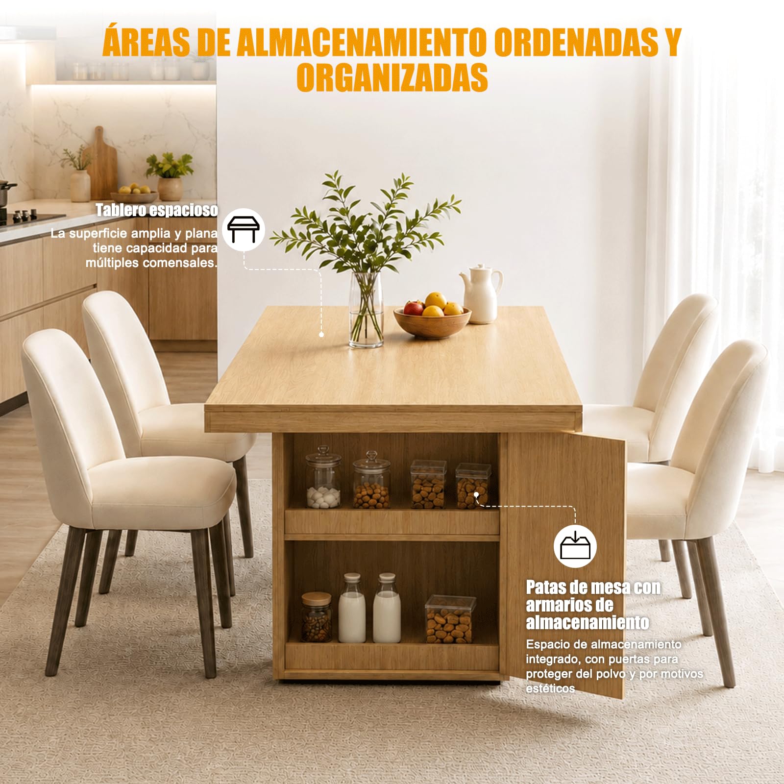 Mesa de Comedor de Madera para 4-12 Personas, Mesa Rectangular para Cocina y Comedor con Armarios de Almacenamiento Integrados, Mesa Moderna Efecto Roble para Salón, Oficina y Apartamento