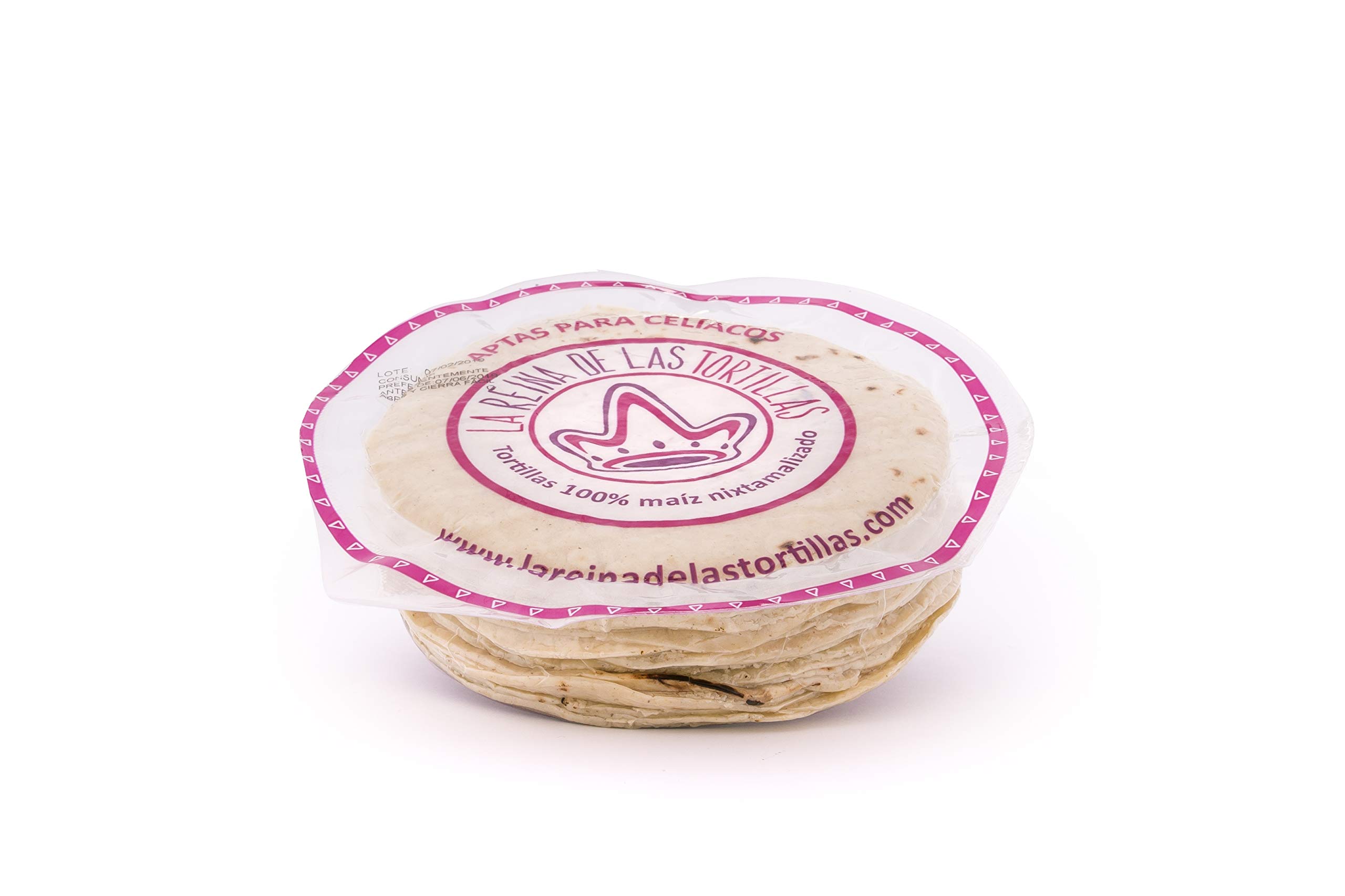 La Reina de las Tortillas - Tortillas Mexicanas de Maíz Blanco 23 uds aprox 100% Nixtamalizado, Líder gastronomía mexicana. Ideal para Fajitas. Apta para Celíacos. Pack de 500 gr Al Vacío, 12 cm..