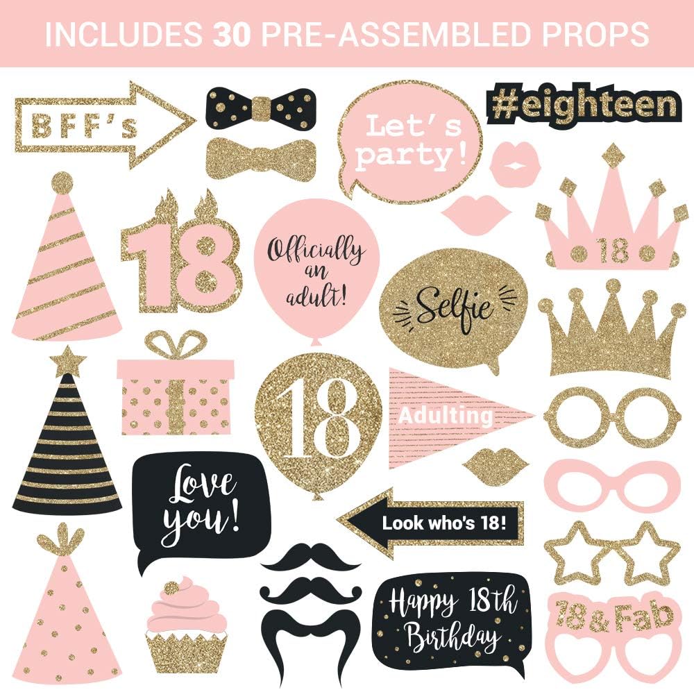 Fully Assembled 18th Birthday Photo Booth Props - Set of 30 - Pink & Gold Selfie Signs - 18th Party Supplies & Decorations - Cute Bday Designs with Real Glitter - Did We Mention No DIY