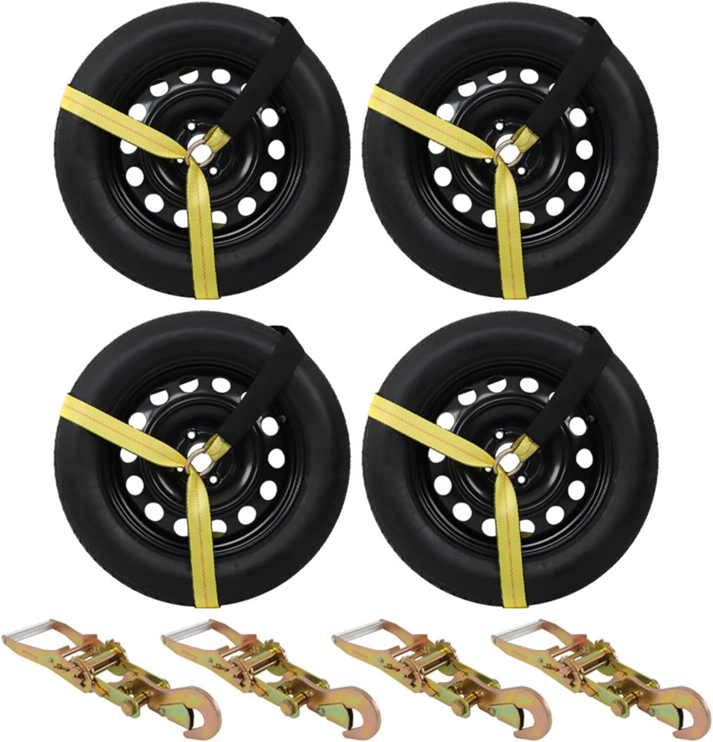 munirater 4 Pack Universal Yellow Tie Down with Snap Hooks Anchors Lasso Style Wheel Chock Tie Down Strap Kit 3,300 Pound Working Load 2 Inch x 96 Inch