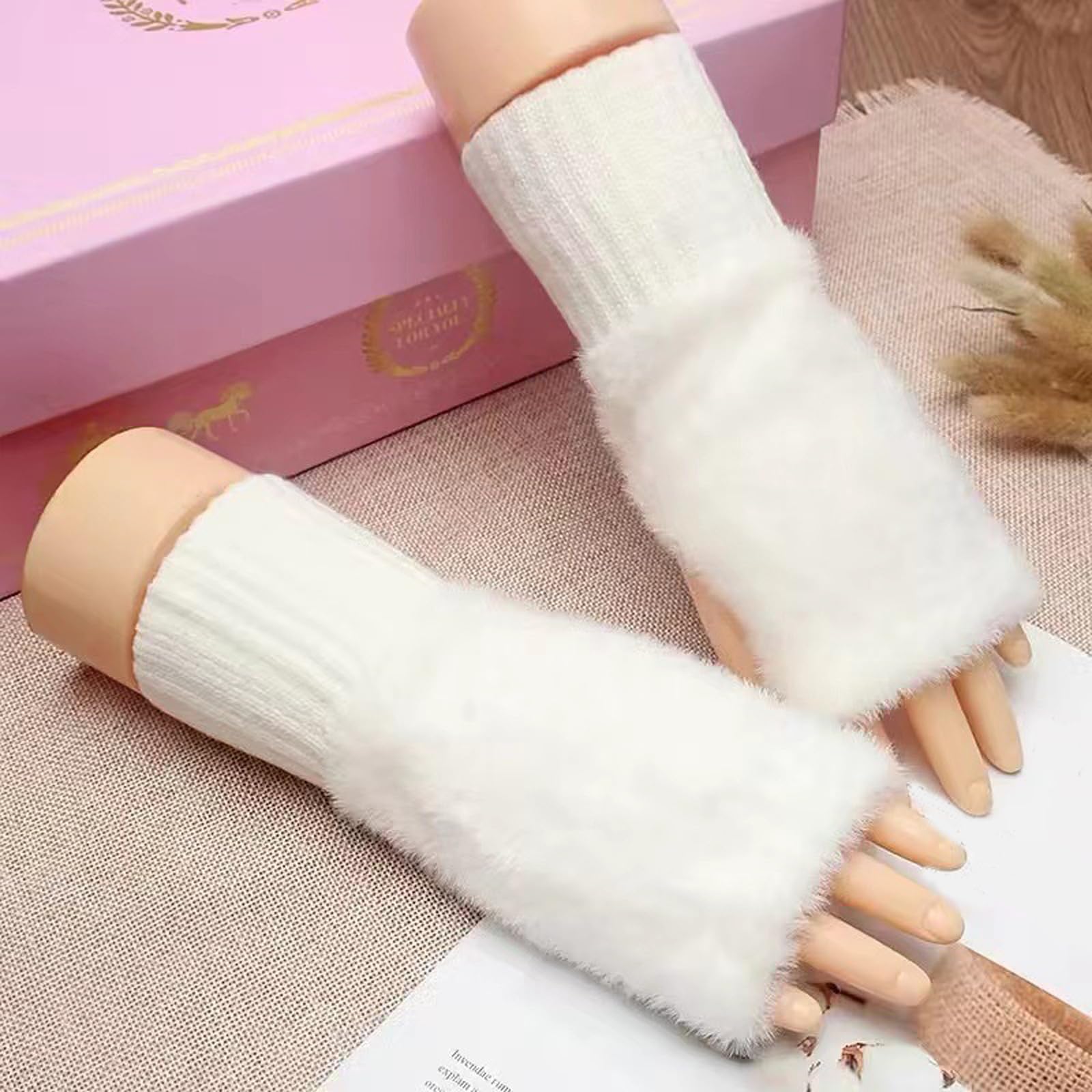 TRADERPLUS Gants sans doigts en fourrure pour femmes, hiver, chauds, avec trou pour le pouce, moufles pour poignets