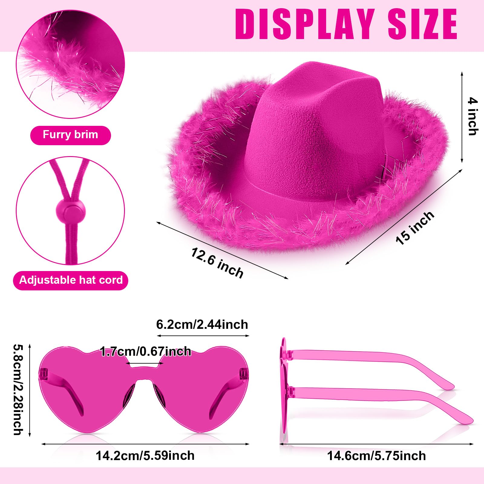 Zhanmai Juego de sombrero de vaquera con boa de plumas y gafas de sol de corazón para niñas, despedida de soltera, fiesta de disfraces