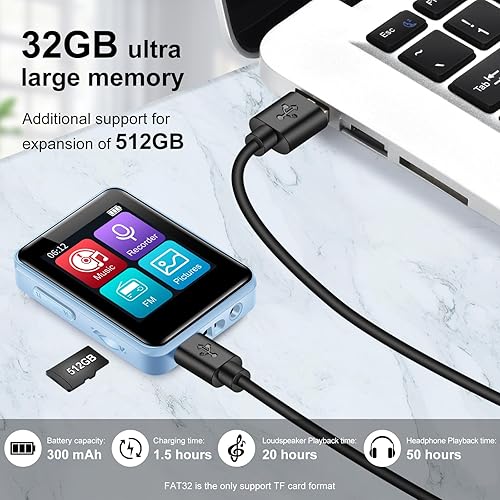Miniatura 3 de Reproductor MP3 de 32 GB con Bluetooth, pantalla de 1.8 pulgadas, con radio FM, grabadora, reproductor de música portátil de alta fidelidad