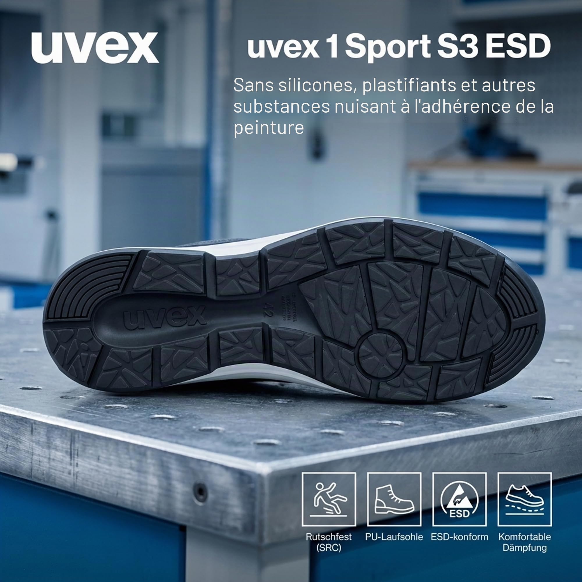 Uvex 1 Sport - Chaussures de Travail pour Hommes S3 SRC ESD - Baskets Légères de Sécurité avec Embout - Velours - Noir