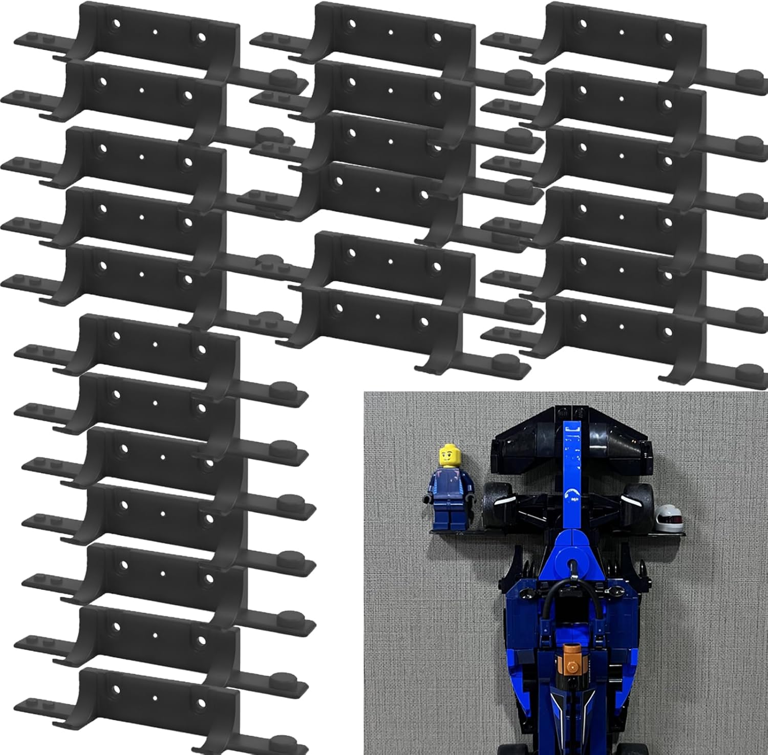 Wall Mount Compatible with Speed Champions Sets, Wall Bracket with a Base for Brick Cars and The Pilot/Figure (24Pcs)