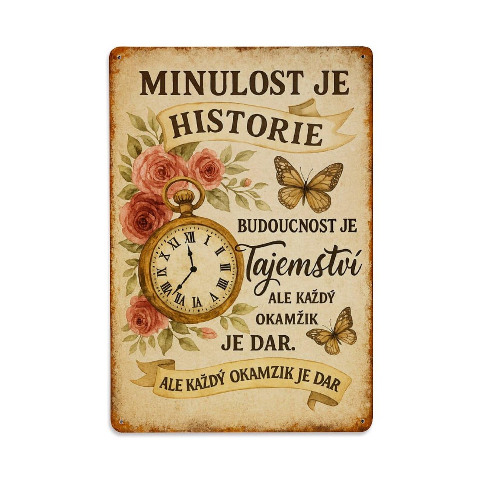 Vintage Clock Roses Butterflies Text Retro Metal Tin Sign, Vintage Decor Art Poster for Bar, Home, Man Cave, Kitchen, Laundry Room Gift 8x12Inch