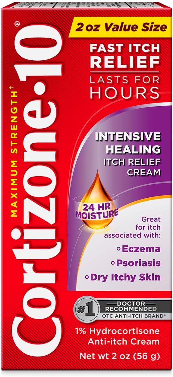 Cortizone-10 Maximum Strength Intensive Healing Itch Relief Cream, 1% Hydrocortisone, Fast-Acting, Anti-Itch Cream for Bug Bites, Rash, Eczema, Psoriasis, Poison Ivy, Oak, Sumac & More, 2 oz 2 Ounce (Pack of 1) Skin Moisturizer