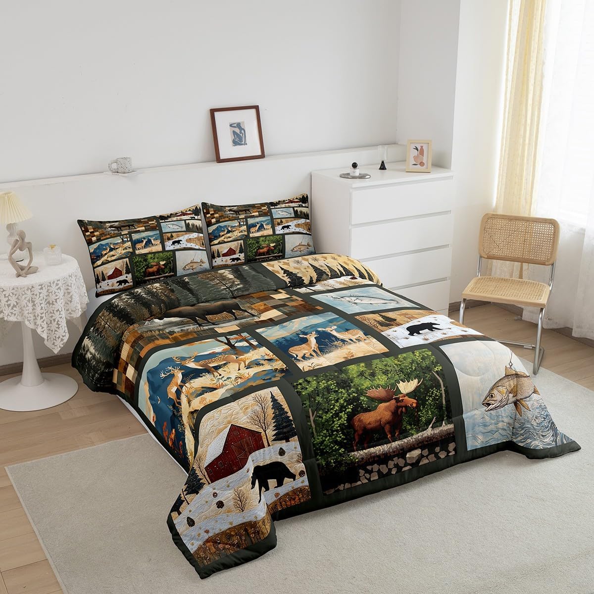 Deer Bear Moose Comforter Set Queen Size,Rustic Cabin Retro Bedding Set for Kids Boys Girls Adults Room Decor,Fishing and Hunting Animal Duvet Insert 3Pcs,Plaid Patchwork Quilt Set,2 Pillowcases