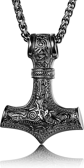 Finrezio Mjolnir Necklace Thor's Hammer in Stainless Steel for Men Viking Norse Pendant Silver/Black