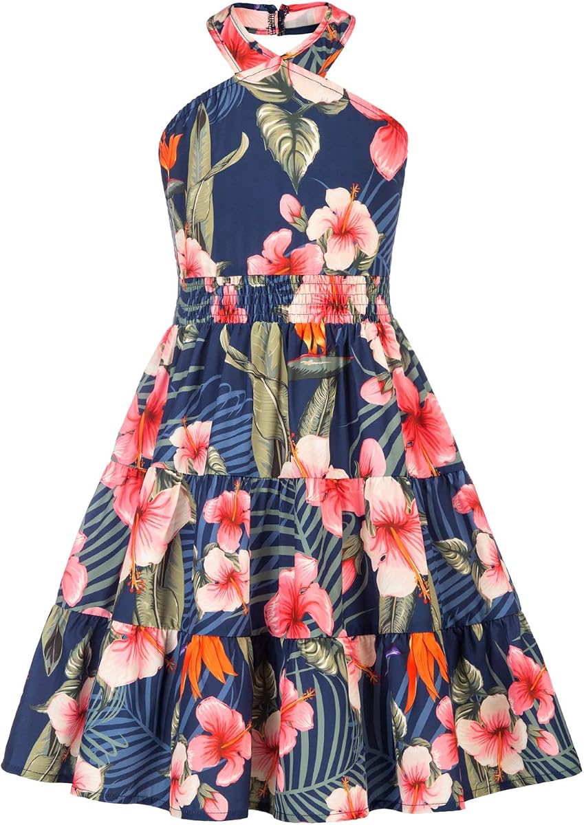 Girls Hawaiian Dresses Halter Tropical Beach Summer Dress 6-14Y